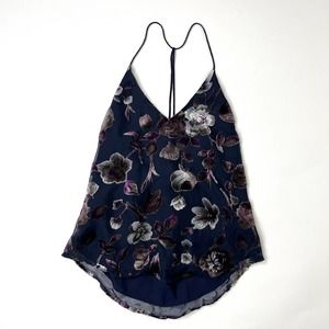 Navy Blue Velvet Silver Flowers Tank Top